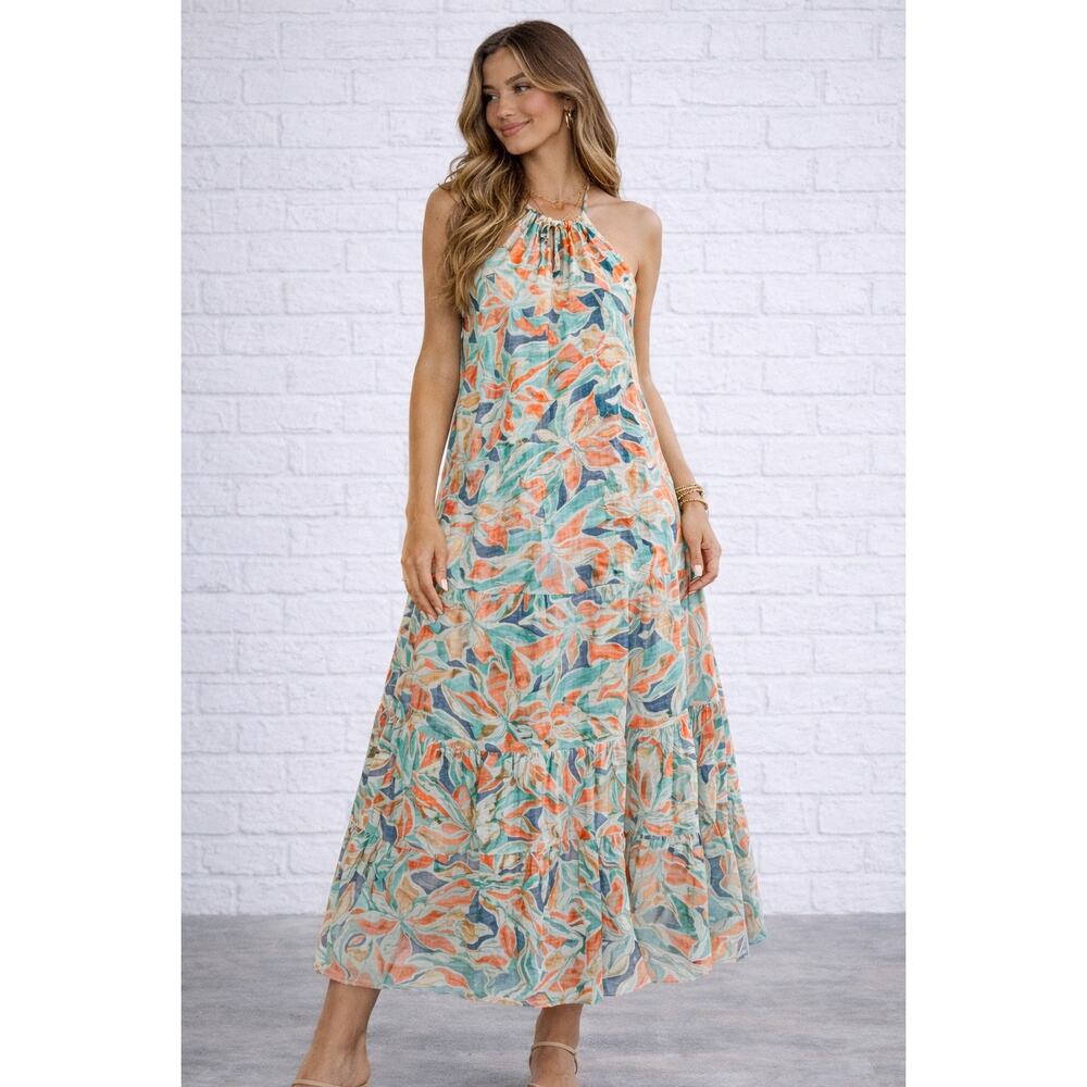 Nine West Dress Womens M Tropical Floral Halter Maxi Sleeveless Summer Resort